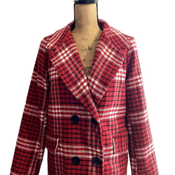 Chartou Red White Plaid Peacoat Winter Coat Longline Wool Blend Size Small‎ - Picture 2 of 6